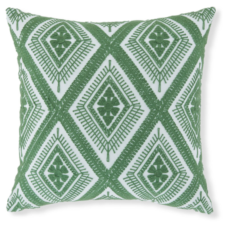 Green and White Embroidered Square Olefin Pillow