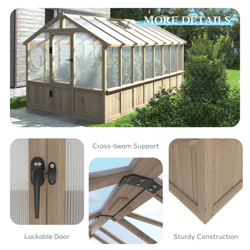 Outdoor Wooden Polycarbonate Greenhouse 8x16Ft, 90.6" H x 96" W x 190.2" D