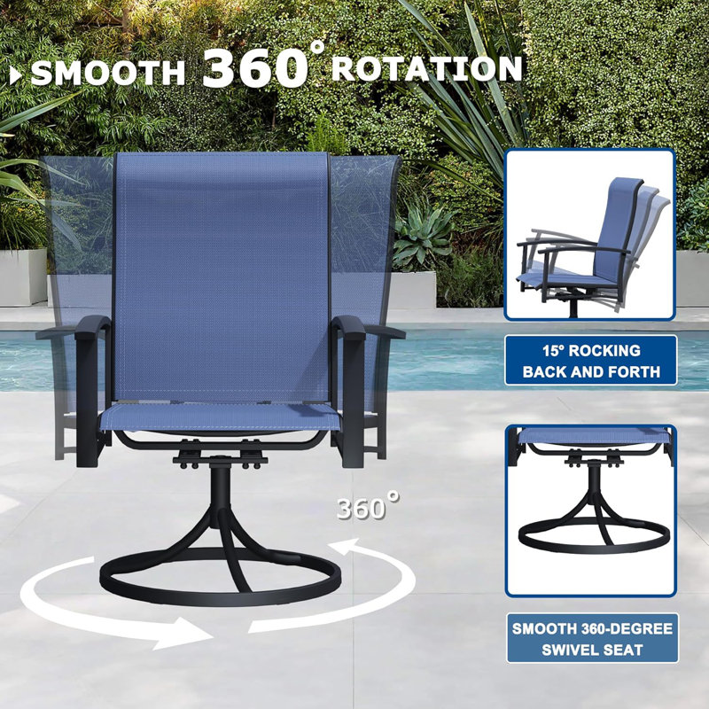 5-Piece Outdoor Dining Set For 4 – 42" Walnut Round Outdoor Table With Umbrella Hole & 4 Blue Patio Swivel Chairs, All-Weather Patio Furniture