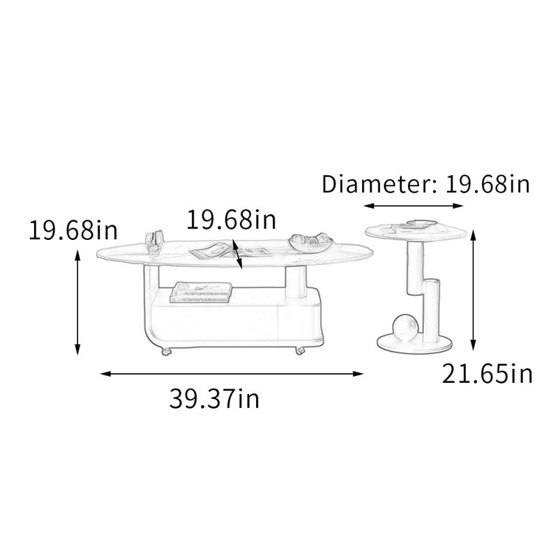 Ensemble de table basse mobile avec rangement et roulettes, Blanc, Noir, H 19,68 po x L 39,37 po x l 19,68 po