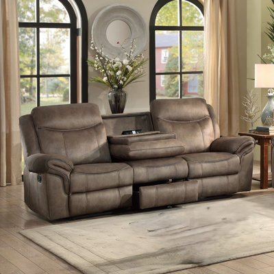 Brown Double Reclining Sofa with Center Drop-Down Cup Holders Power Outlets Hidden Drawer USB Ports Living Room Furniture 1pc 3-Seater Couch