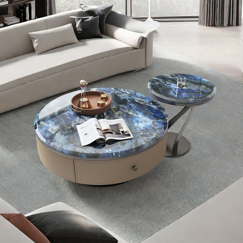 Table basse ronde en pierre micro-cristalline, Bleu, H 15,4 po x L 31,5 po x l 31,5 po