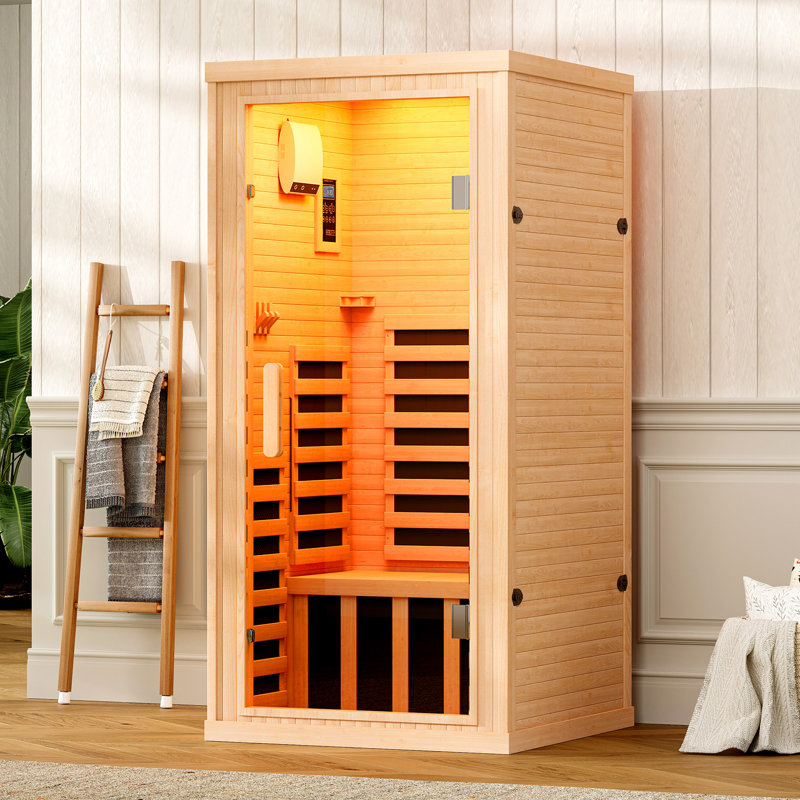 Indoor Infrared Sauna Room, 1260W/120V Canadian Hemlock Wood 1 Person Infrared saunas for Home with 7 Color Therapy Lamp, LCD Control Panel, Foot Heater, Dual Bluetooth Speakers, 32.3x32.3x66.1inch