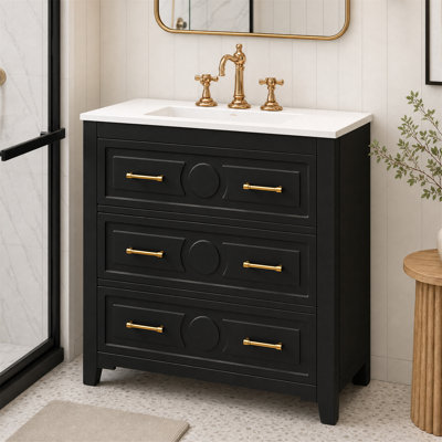 30" Bathroom Vanity With Ceramic Sink Combo, Freestanding Single Vanity With 3 Drawers, Solid Wood Frame, Modern Storage Cabinet