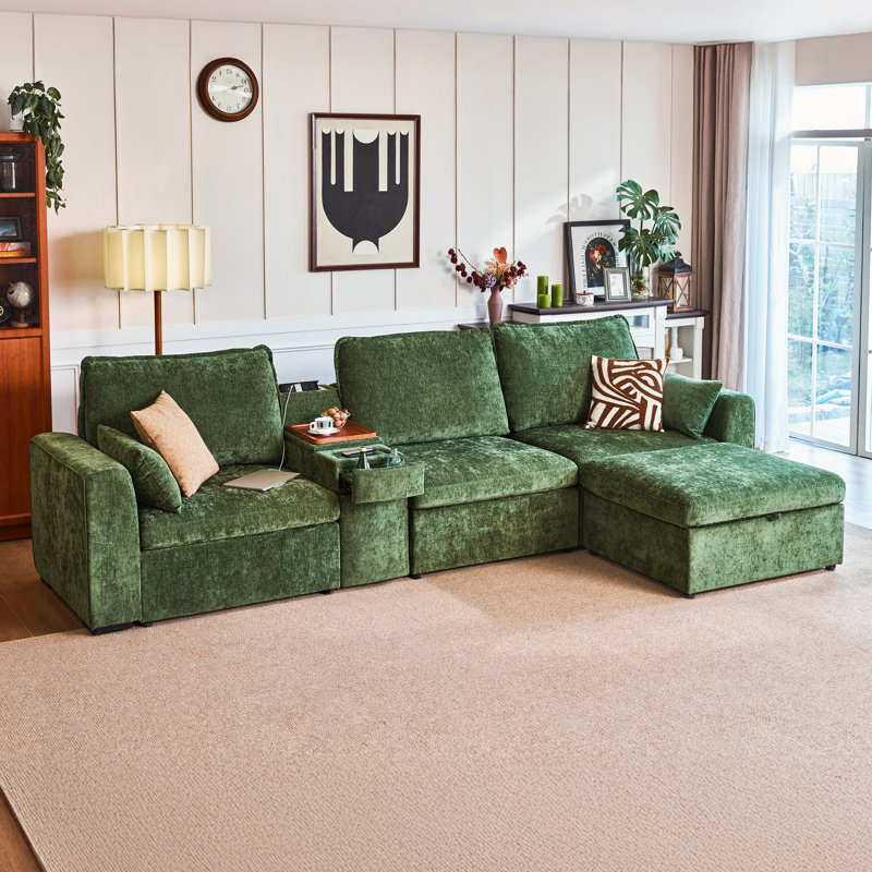 L-Shaped 4-Seater Sectional Chenille Oversized Modular Sofa Cloud Couch with Versatile Console, Convertible Side Table with Charging Storage Cup Holder