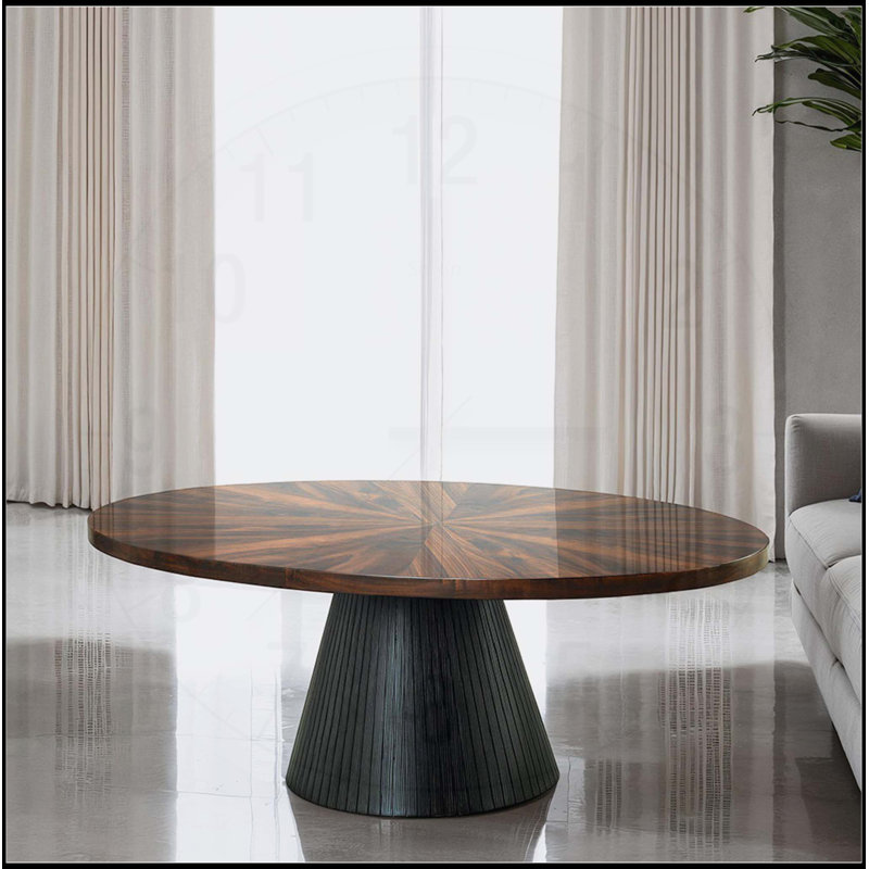 Table basse ovale de style contemporain avec plateau à motif de parquet et base cylindrique pour les salons modernes