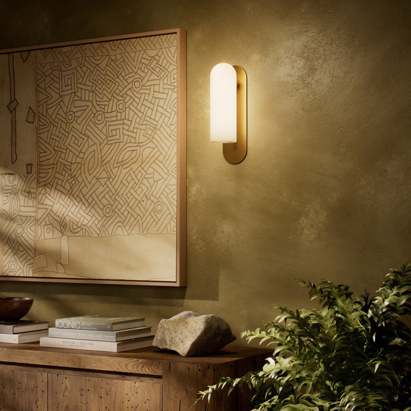 Odyssey Solid Brass Armed Sconce, Burnished Brass, 15" H x 4.25" W x 5.5" D, Opal White