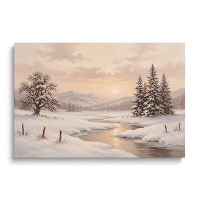 Multicolor Canvas Winter Stream Landscape Painting, Painterly Snowy Pines Wall Art for Living Room Dining Room and Bedroom
