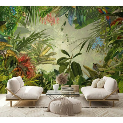 Lush Tropical Jungle Mural Wallpaper with Parrots, Tiger and Exotic Plants