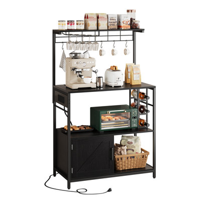  Étagère de boulanger avec prise de courant, bar à café de 31,5 po pour la cuisine avec rangement, tablettes de cuisine avec armoire, support à micro-ondes avec 6 crochets en forme de S