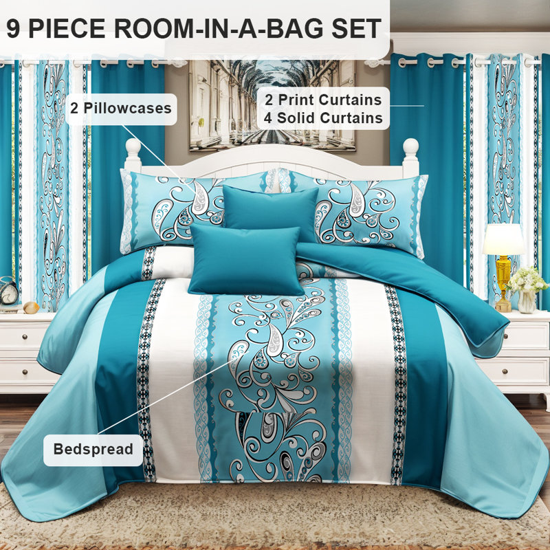 California King Size 9-Piece Turquoise Paisley Bedding & Curtain Set (Cal King) - Quilted Microfiber Bedspread + Sheer Curtains