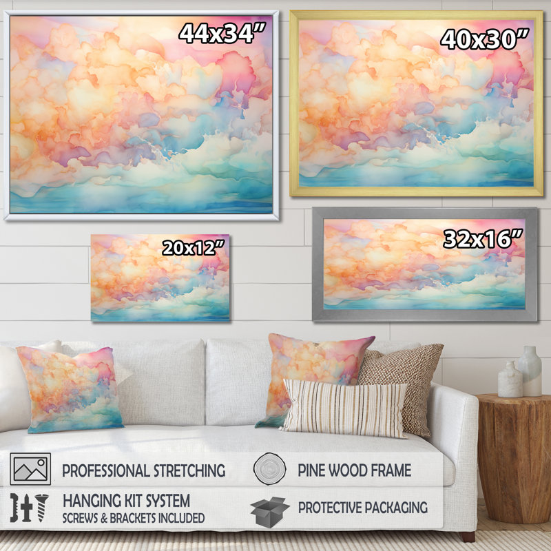 «Clouds Sunrise Alhanol Ink Landscape I - Clouds», reproduction sur toile, Cadre naturel flottant, 30" H x 40" W