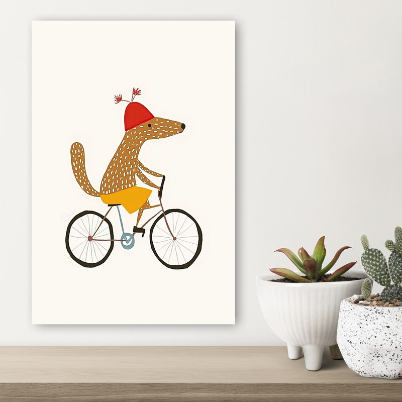 Mignon renard sur une bicyclette, impression d'art contemporain, H 18 po x l 12 po