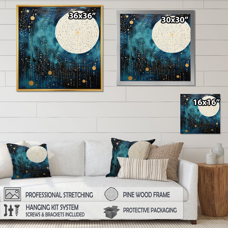 Lune bleue minimalisme IV sur toile, H 16 po x l 16 po x P 1 po, Cadre simple argenté
