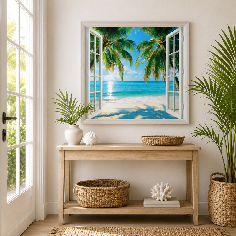 «Blue Paradise with Sun-Kissed Palms», art mural sur toile, 40" H x 40" W