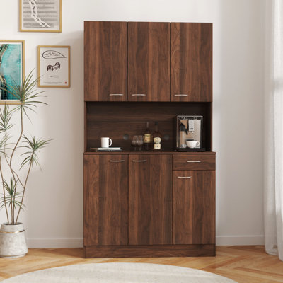 6-Door 70.36" Tall Wardrobe & Kitchen Cabinet, Walnut, 1 Open Shelf, Drawer. Strong , Elegant Cabinet Design, Functional Storage Walnut 6-Doors, Robust Attractive Build