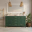 Meuble-lavabo de salle de bain de 60 pouces avec lavabo double, structure en bois massif, monobloc, comptoir de toilette autoportant, vert, tiroirs à fermeture en douceur