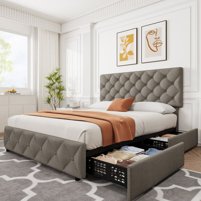 Upholstered Bed Frame with Adjustable Headboard and 4 Storage Drawers - Diamond Button Tufted - Sturdy Noise-Free Platform - No Box Spring Needed - Available in Queen- (Dark Grey)