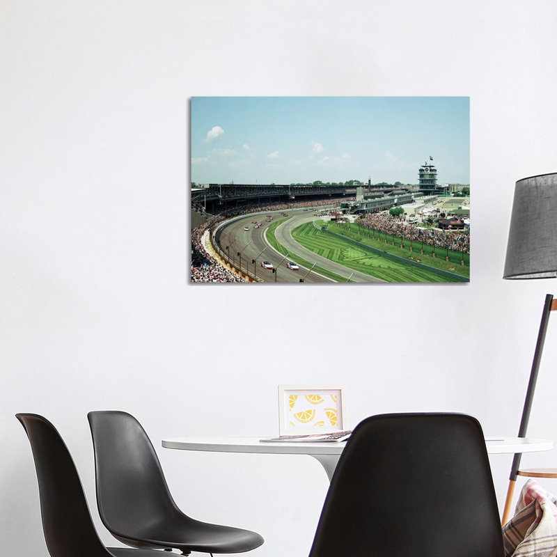 Race Cars In Pace Lap At Indianapolis Motor Speedway, Indianapolis 500, Indiana, USA II by Panoramic Images - Wrapped Canvas Print