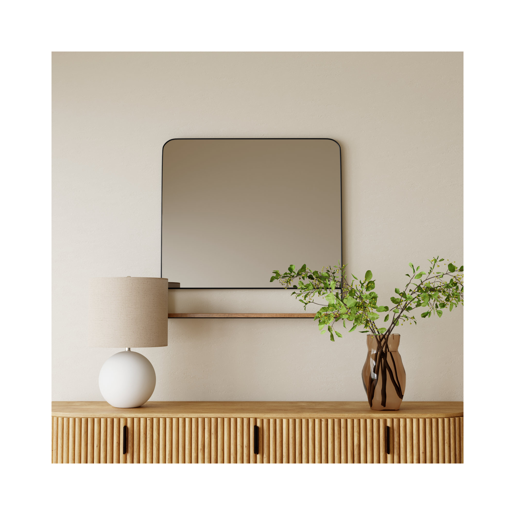 Branchville Metal Wall Mirror with Shelf, Square, White and Black, 20" x 34"