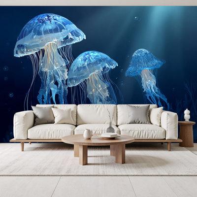 Papier peint à peler et coller, méduse bleue, vie marine, océan, sous-marin, monde, mer, paysage, peintures murales, H 69 po x l 96 po, amovible, papier peint en PVC, adhésif mural pour chambre à coucher, bureau à domicile