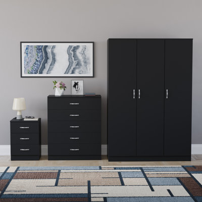 Maybery 3 Piece Bedroom Set (3 Drawer Bedside Chest, 5 Drawer Chest, 3 Door Wardrobe), (5)