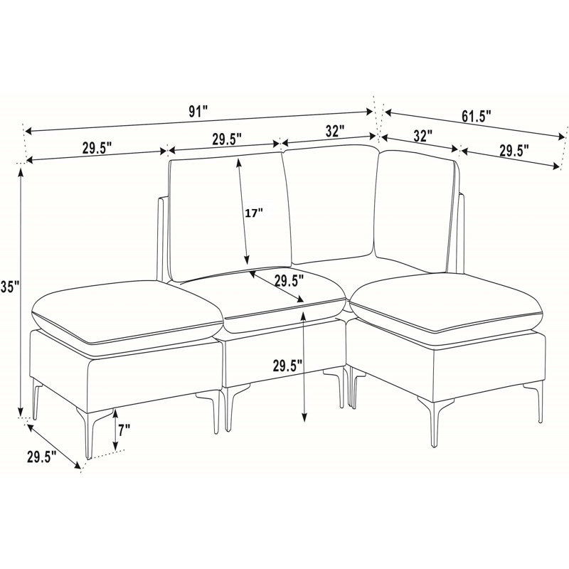 Canapé modulaire en lin avec configurations personnalisées, Dark Blue Linen, 35" H x 91" W x 61.5" D, Right Hand Facing