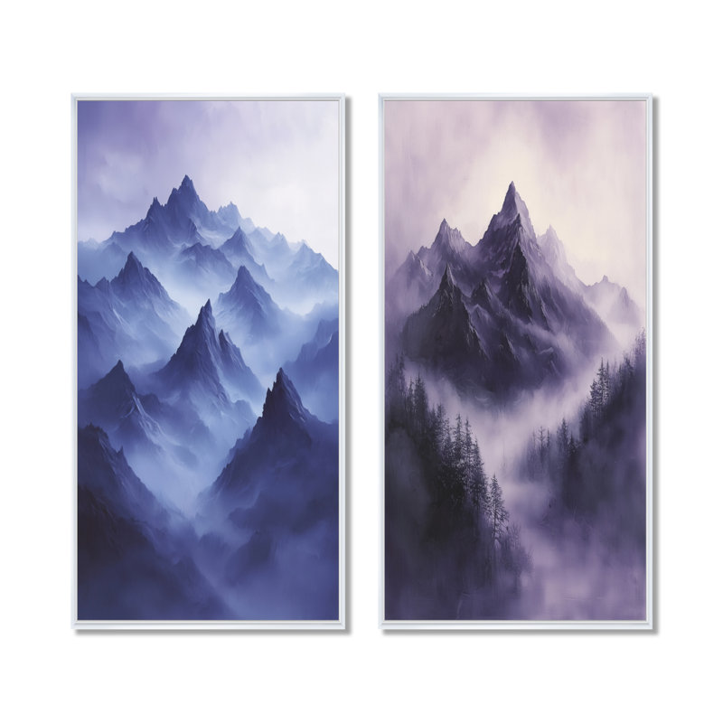 Misty Peaks In The Twilight III - Paysages, art mural 2 panneaux, H 32 po x l 33 po, Impression encadrée flottante, Blanc