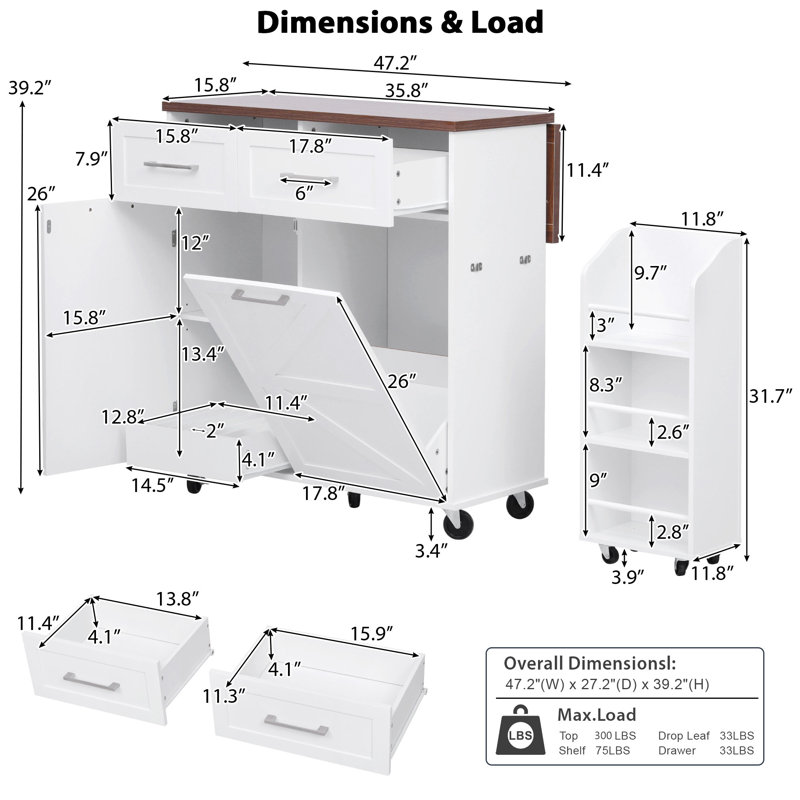 47.2" Farmhouse Kitchen Island With Drop Leaf, Removable Side Shelf, Two Drawers, And Concealed Trash Can Cabinet, White