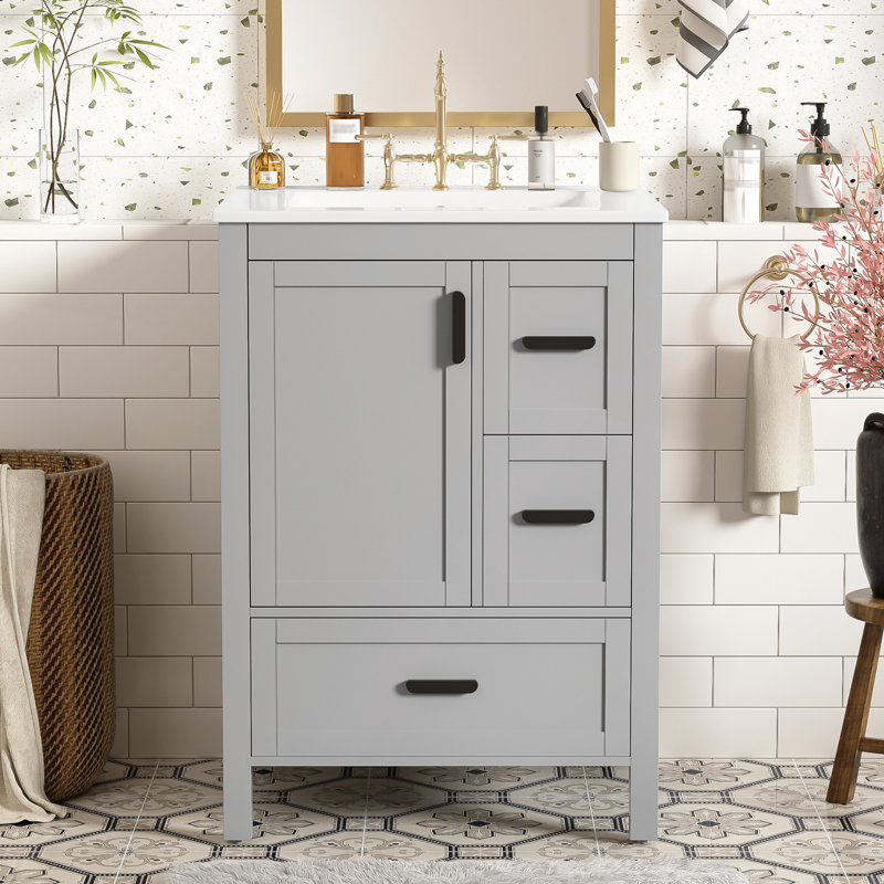 Meuble-lavabo moderne de 24 po avec lavabo en céramique, porte à fermeture en douceur, tablette de porte à double couche et 3 tiroirs