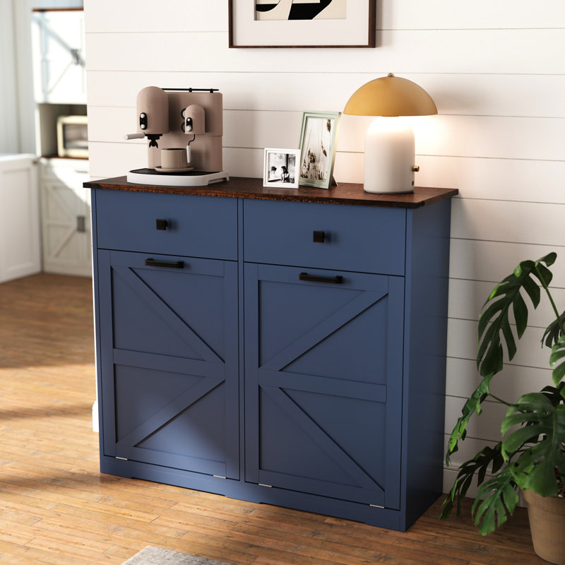 Armoire à ordures inclinable bleue pour bacs 2 x 10 gallons, buanderie compacte et stable, porte de grange avec plateau de table imperméable à finition élégante, tiroirs de rangement à charnières lisses