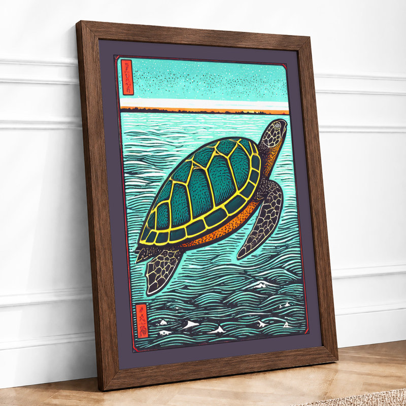 Turtle In Open Water Japandi - Print, A3 - 42.0 x 29.7 cm, Walnut