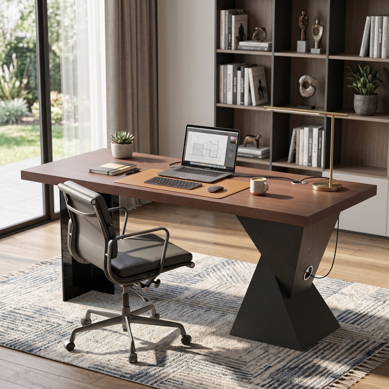 Bureau de direction moderne 70,87 "avec base à piédestal géométrique, bureau à grain de bois épais de 2,05" et œillet à câble, grand bureau d'écriture pour bureau personnel