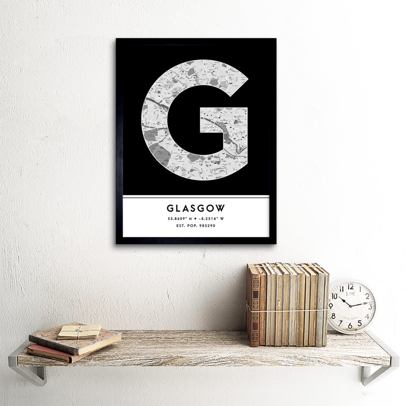 Glasgow Scotland United Kingdom City Map Black & White - Single Picture Frame Typography