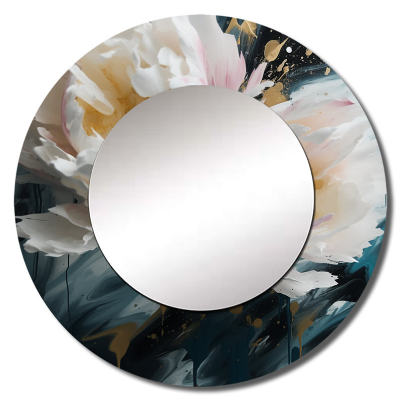 Perrella blanc pivoines pétales en fleurs II - miroir unique pivoines, grand miroir mural rond blanc, impression d'art en métal
