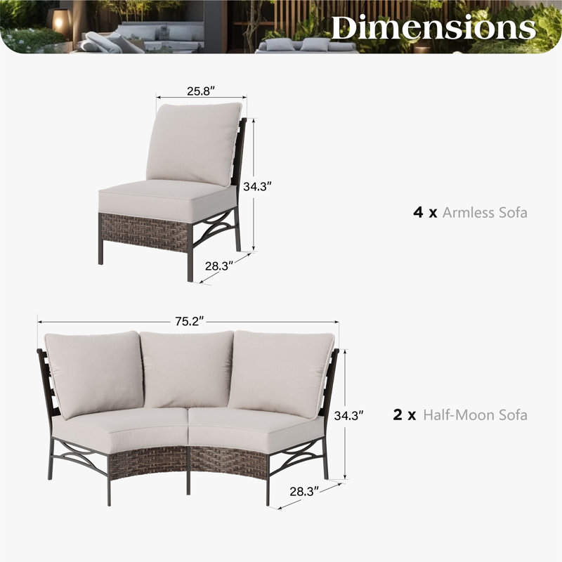 Ensemble de mobilier de patio incurvé – Canapé d'angle demi-lune en osier brun, modulable avec coussins gris, Non