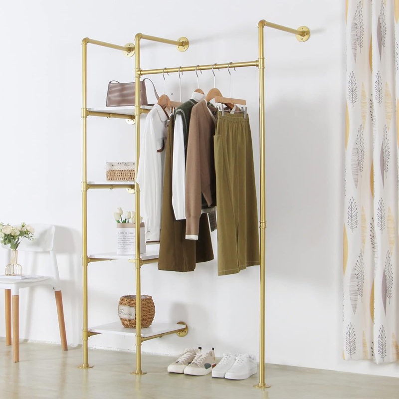 Heavy Duty Garment Rack With Shelves - Freestanding Metal Clothing Rack System For Hanging Clothes, Industrial Pipe Wardrobe Storage Solution
