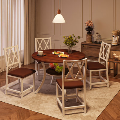 5 Pieces 35.4’’ Transitional Style Round Dining Table Set, Extendable Folding Kitchen Dining Table Set For 4 With 4 PU Upholstered Dining Chairs