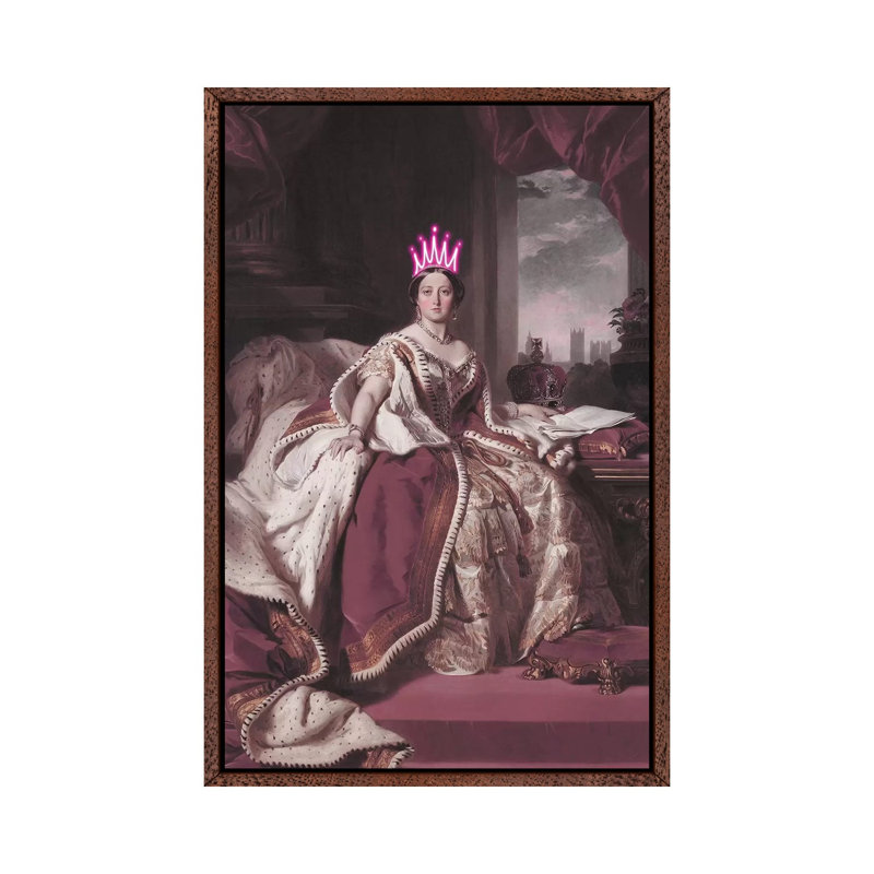 Queen Victoria Neon - Print on Canvas, 101.6cm H x 66.04cm W x 3.81cm D, Classic Brown Wood Framed