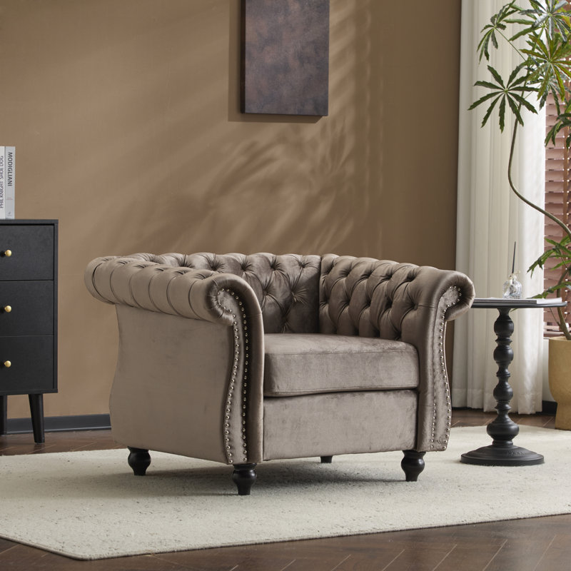 Camberley 39.5" Wide Tufted Chesterfield Club Chair with Scrolled Arms, Nailhead Trim, and Turned Legs, Dark Brown Velvet