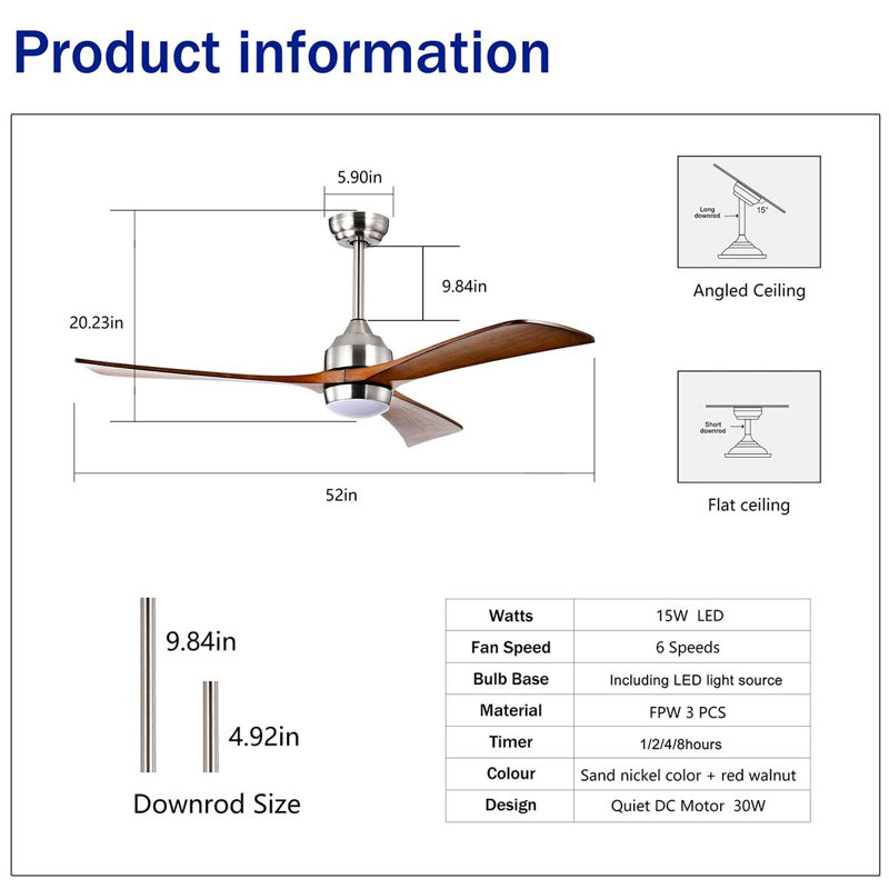 52" Solid Wood DC Motor Blade Ceiling Fan With Light & Remote Control, Nickel, Deep Brown