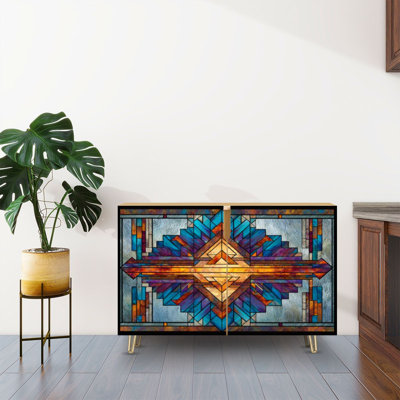 Sideboard Buffet Cabinet with Storage Stained glass window Abstract colorful stained glass Art Deco with 2 Doors for Living Room and Kitchen