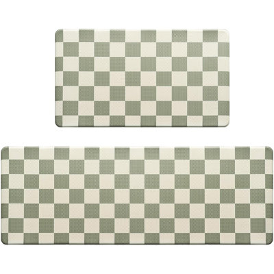 Beige Sage Checkered Kitchen Rug Set Of 2 – Anti Fatigue Waterproof Non Slip Foam Mats