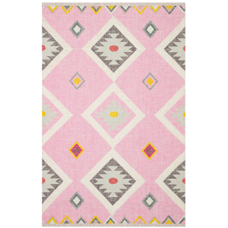 Tapis rose d'intérieur / extérieur en coton tissé à la machine Iyleen, Rectangle 5 pi 2 po x 7 pi 7 po