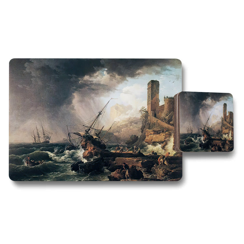Seascape Placemat Coaster Set With Historic Castle Ruins Ocean Scene
