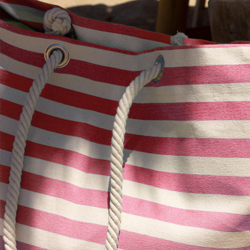 Large Striped Canvas Tote Beach Bag - 55cm x 36cm, Pink/Beige