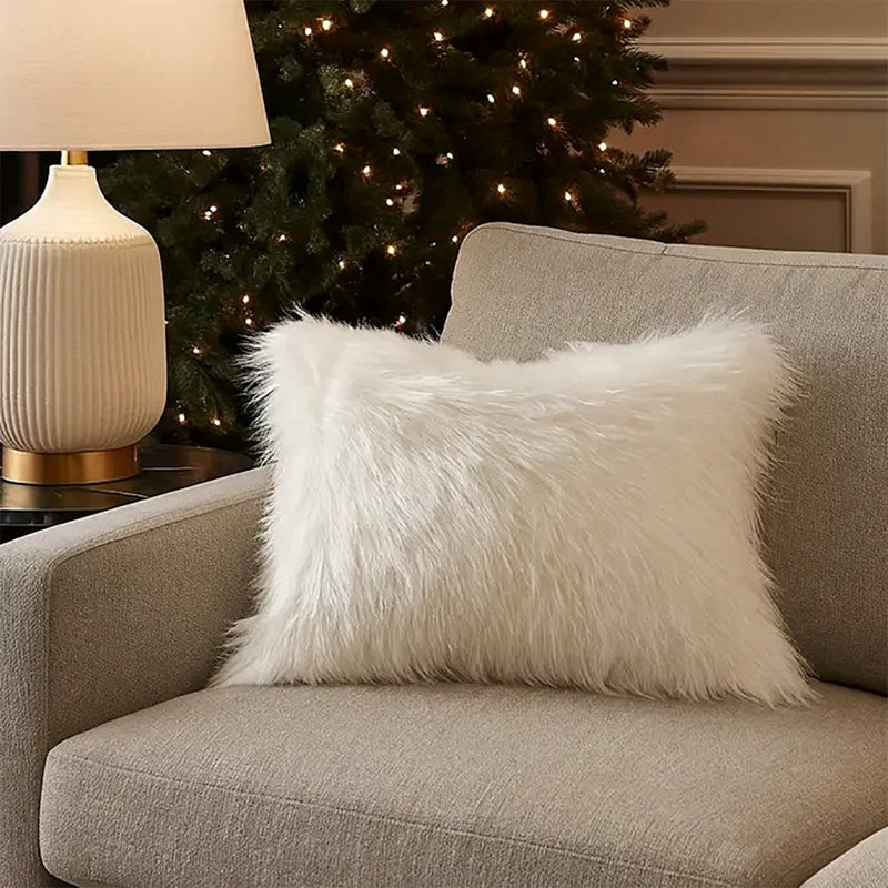 Housse et insert de coussin rectangulaire en fausse fourrure , Blanc
