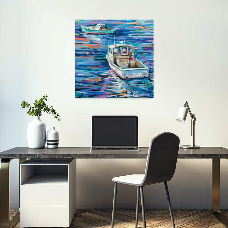 Art nautique de bord de mer avec bateau bleu, H 18 po x l 18 po