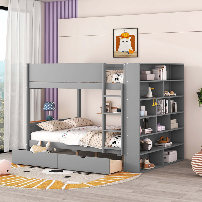 Lit superposé double avec 2 tiroirs et armoire multicouche, gris, Gris, Double