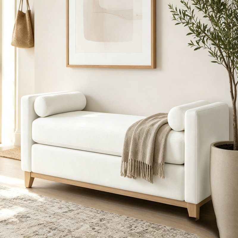Banc rembourré en bois massif, 66,34 pouces, Beige + naturel